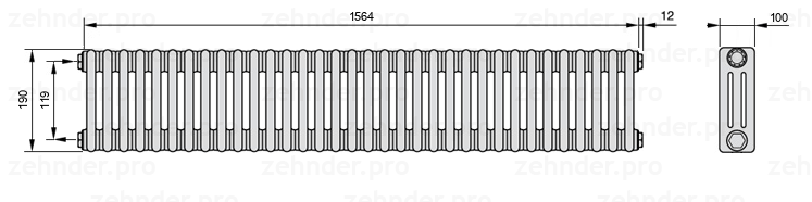 Схема (чертеж) Радиатор Zehnder Charleston 3019/34 №1270 Белый глянцевый RAL 9016